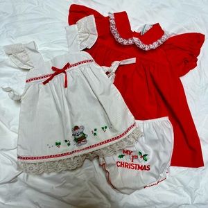 Vintage baby girls 12 month pinafore dress and bloomers .